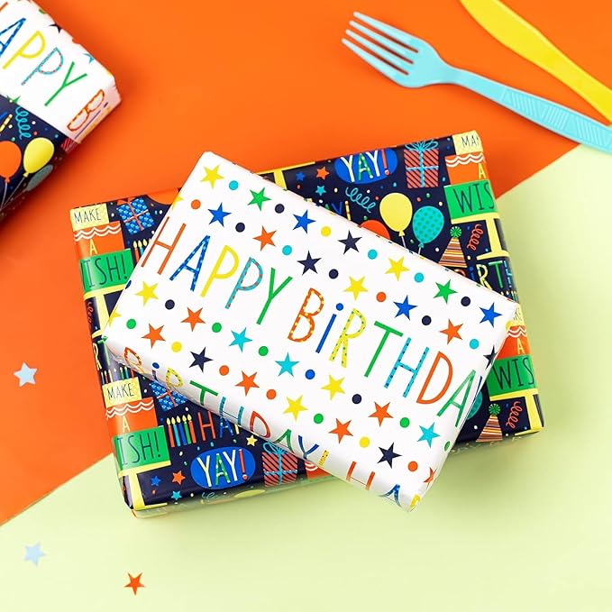 MAYPLUSS Reversible Birthday Wrapping Paper Mini Roll - 17In x 16.5Feet - Colorful Happy Birthday Lettering,Cake,Candle Pattern Kid Boys Party Gift Wrap Present Paper for Baby Shower, Holiday
