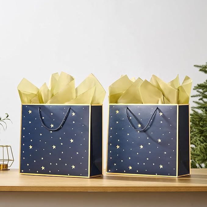 SHIPKEY 12 Pack Navy Star Gift Bags with Gold Frame, 12.5x4.5x11 Inches Large Paper Bag with Ribbon Handles, Star Shopping Bags (32x11.5x28 cm)