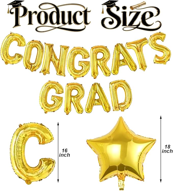 16 Inch Gold Congrats Grad Banner Balloons Congrats Grad Letters Balloons Graduation Decorations 2026 for Graduation Celebration Party Supplies
