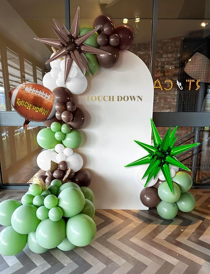 Football Balloon Garland Arch Kit, 129Pcs Green and Brown Balloons Big Star Football Foil Balloons Sage Green White Balloon for Touch Down Rugby Birthday Sports Party Decorations