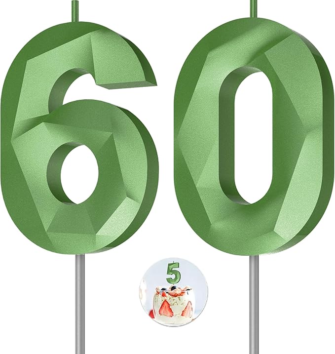 Number Birthday Candles(60 Candle Green) 3D Diamond Shape Number Happy Birthday Cake Candles for Birthday Party Wedding Decoration Reunions Theme Party