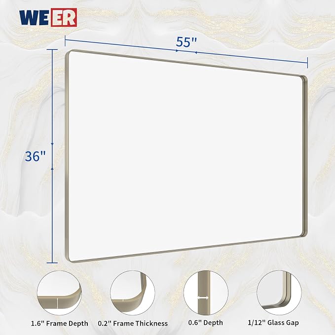 WEER 55X36 Inch Brushed Nickel Bathroom Mirror, Brushed Silver Metal Frame Mirror, Rounded Rectangle Silver Bathroom Vanity Mirror, Tempered Glass, Anti-Rust, Hangs Horizontally or Vertically