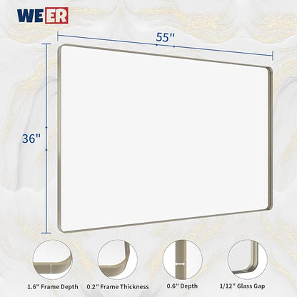 WEER 55X36 Inch Brushed Nickel Bathroom Mirror, Brushed Silver Metal Frame Mirror, Rounded Rectangle Silver Bathroom Vanity Mirror, Tempered Glass, Anti-Rust, Hangs Horizontally or Vertically