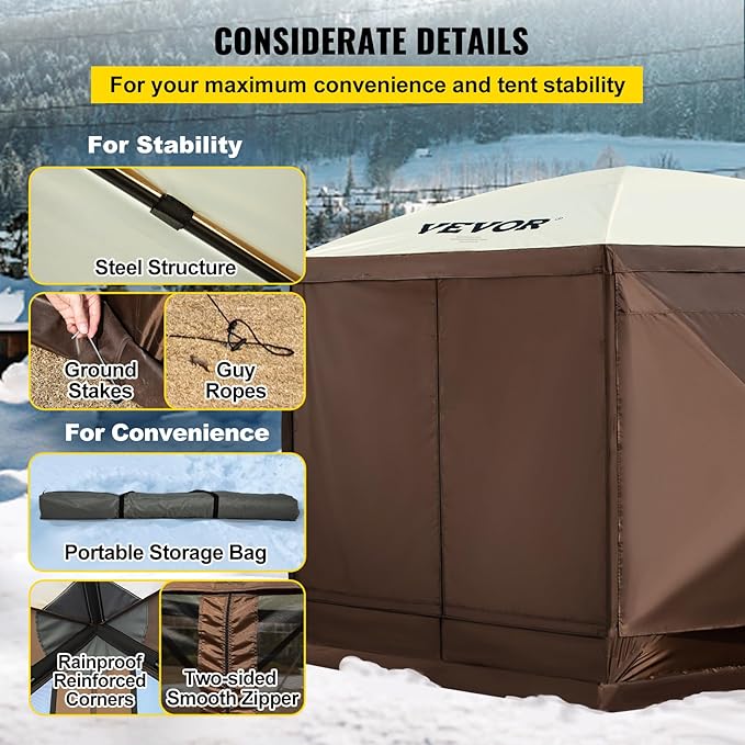 VEVOR 12 * 12ft 6 Sided Pop-up Canopy Shelter Tent with Mesh Windows, Portable Carry Bag, Stakes, Large Shade Tents for Outdoor Camping, Lawn and Backyard, Brown/Beige