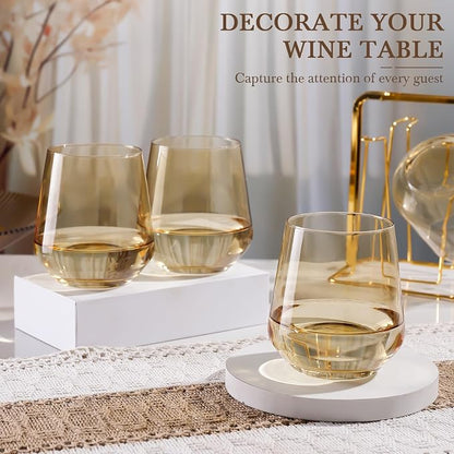 Amber Stemless Wine Glass Set of 6-17oz Wine Glasses, Stemless Drinking Glasses for Wine, Cocktails & Beverages - Elegant Glassware for Home, Bar & Holiday Use