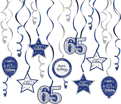 Happy 65th Birthday Blue & Silver Glitter Swirls Streamers Party Decorations - 15 Pcs 65th Birthday Hanging Swirls Streamers Kit,Perfect for 65th Bday Party Sign.