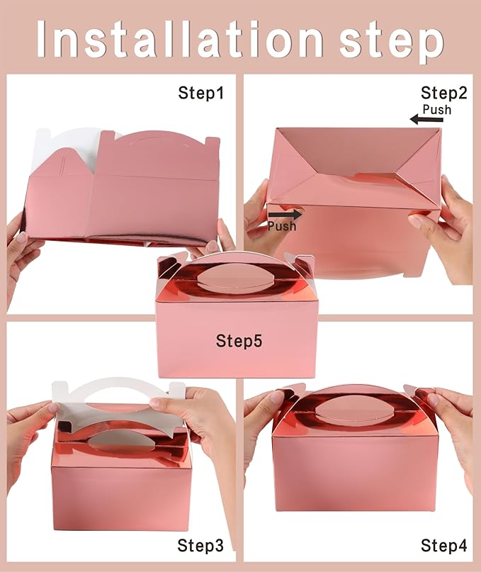 30-Pack Rose Gold Gable Treat Boxes with Handles, 6" Pop-Up Party Favor Gift Boxes for Birthday, Wedding, Baby Shower, Eco-Friendly Candy, Cookie, Goodie Bags for Kids, Bachelorette Decor