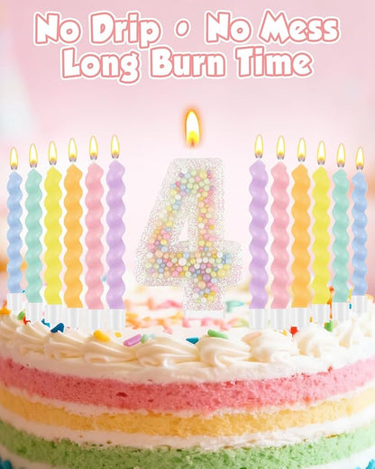 Birthday Candles for Cake, Pink Number Candles, Cake Candles with Greeting Card for Birthday Party Wedding Anniversary Celebrations（4 Candle,White Number Macaron）