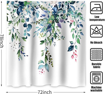 Eucalyptus Extra Long Shower Curtain, Watercolor Green Leaves Plant Floral Spring Nature Waterproof Fabric Machine Washable with Hooks for Bathroom Bathtub Decor 72Wx78H
