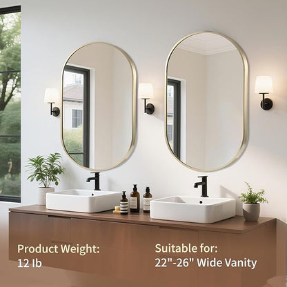 Gold Oval Mirror, 22"x30" Oval Bathroom Mirror, Vanity Mirror with Brushed Metal Frame, Wall Mount Mirrors Decor for Bathroom, Bedroom, Entryway, Living Room(Hangs Horizontally or Vertically)