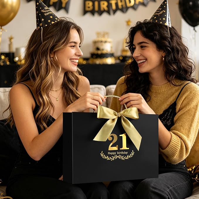 JMANNI Black Gold 21st Birthday Gift Bag with Card and Tissue Paper, 14.2"×9.84"×4.3" Large Present Bag for Adults, 21 Year Old Birthday Keepsake Party Supplies