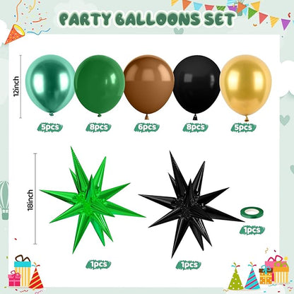 Green and Brown Balloons, 12 Inch Jungle Safari Woodland Balloon with Brown Black Dark Green Confetti Balloons Metal Balloon for Video Game Theme Birthday Wild One Party Decorations