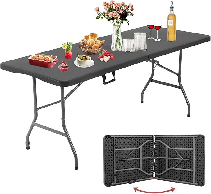 Folding Table 6 FT Heavy Duty Plastic Foldable Table with Carrying Handle for Garden Party Picnic Camping BBQ Dining Kitchen Wedding Market Events, Black