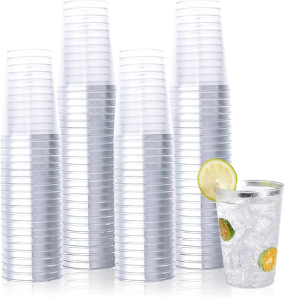 Vplus 150 Pack 12 OZ Reusable Silver Rimmed Clear Plastic Cups, Disposable Heavy Duty Plastic Cups for Party, Christmas, Wedding, Thanksgiving, Halloween