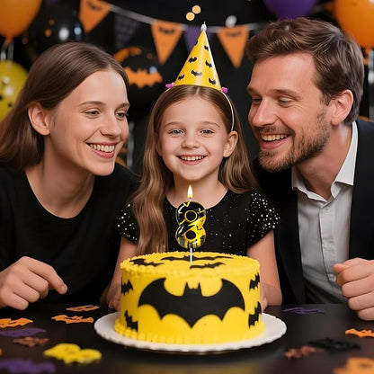 Black Yellow Number 8 Birthday Candle for Cake – Dark Night Hero Style with Bat & City Silhouette Design – Unique Cake Topper for Birthday, Anniversary, Themed Party Decoration