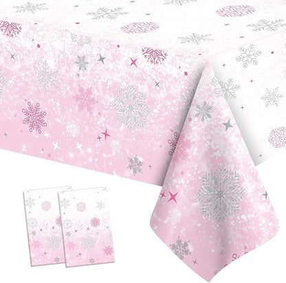 2 PCS Pink Plastic Snowflake Tablecloth(54x108 Inch) Frozen Birthday Winter Wonderland Decorations Disposable Table Cover Tablecloths for Christmas Holiday New Year Party Favors Supplies Decor