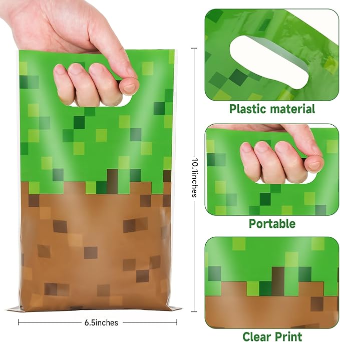 ADARRO 50PCS Pixel Birthday Party Favor Bags, Green and Brown Pixel Video Game Theme Party Goodies Candy Snack Treat Bags