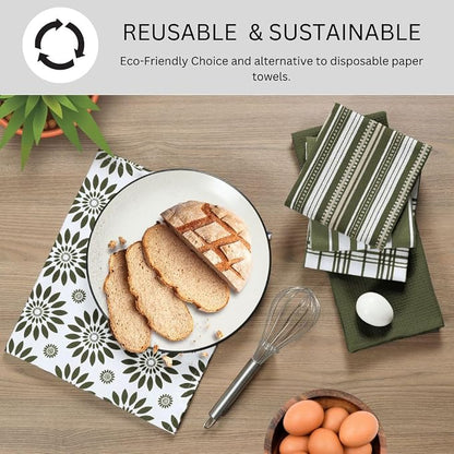 Assorted Kitchen Towels 16x26 Inch 100% Cotton Set of 5 - Dish Cloths Towels with Hanging Loop - Soft Absorbent Washable Tea Towel for Kitchen - Quick Drying Dish Towel Green