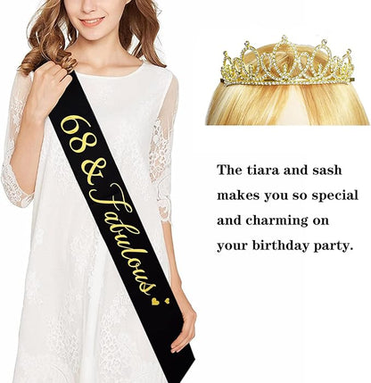 Happy 68th Birthday Tiara and Sash Gifts Crystal Rhinestone Princess Crown Birthday Women Party Favor Supplies Gold Crowns Black Sash