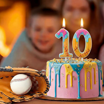 Conelist 10th Baseball Ice Cream Drip Birthday Number Candles Baseball Drip Cake Topper Candle Cupcake Topper Decoration for Sport Theme Happy Birthday Party Favors Anniversary Supplies(2 Pcs)