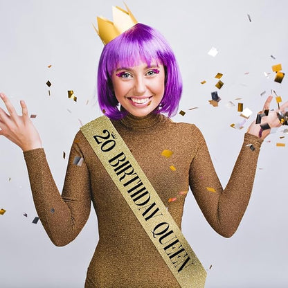 20 Birthday Queen 20th Birthday Sash for Women, Gold Glitter Sash with Black Foil