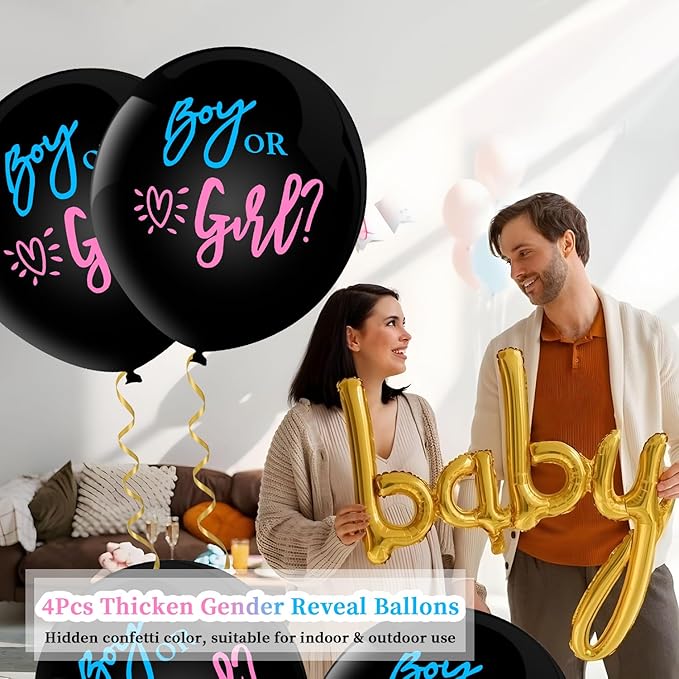 Yadiana 4Pcs Gender Reveal Balloons, 36 Inch Jumbo Baby Gender Reveal Confetti Balloons Black Boy or Girl Balloon with Blue Pink Confetti for Baby Shower Party Decorations