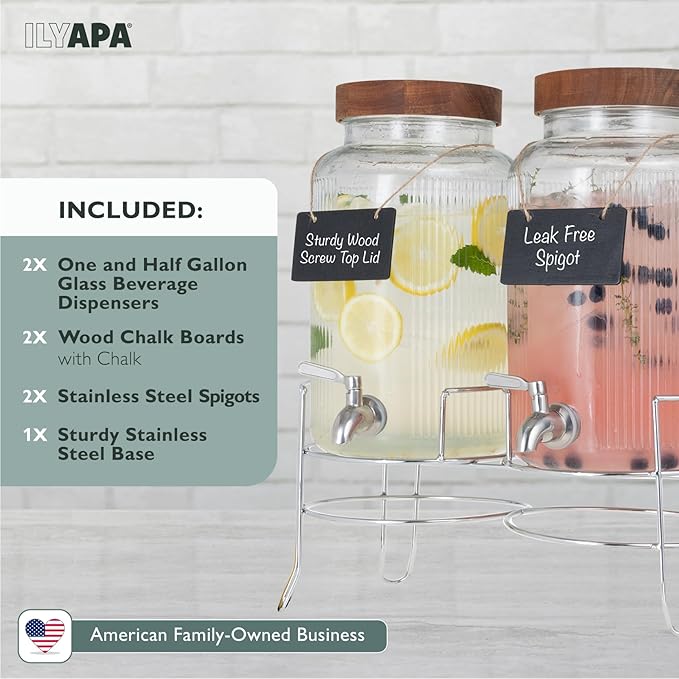 Ilyapa Glass Drink Dispensers for Parties with Stand - 2 Pack, 1.5 Gallon for Ice Water, Lemonade, Juice, Sangria, & Punch Tower Cookout Essentials
