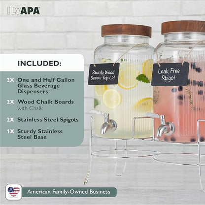 Ilyapa Glass Drink Dispensers for Parties with Stand - 2 Pack, 1.5 Gallon for Ice Water, Lemonade, Juice, Sangria, & Punch Tower Cookout Essentials