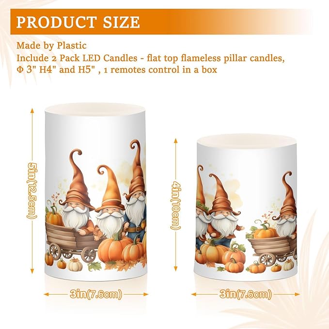 Thanksgiving Autumn Fall Gnomes Pumpkin Flickering Flameless Candles Battery Operated with Remote Timer,Tea Light Candles LED Pillar Votive Candles Set of 2 for Outdoor Indoor Decorations