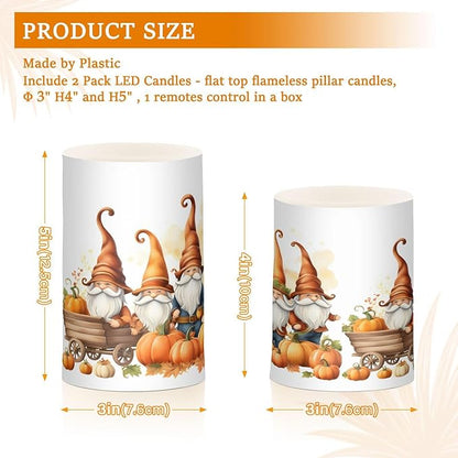 Thanksgiving Autumn Fall Gnomes Pumpkin Flickering Flameless Candles Battery Operated with Remote Timer,Tea Light Candles LED Pillar Votive Candles Set of 2 for Outdoor Indoor Decorations