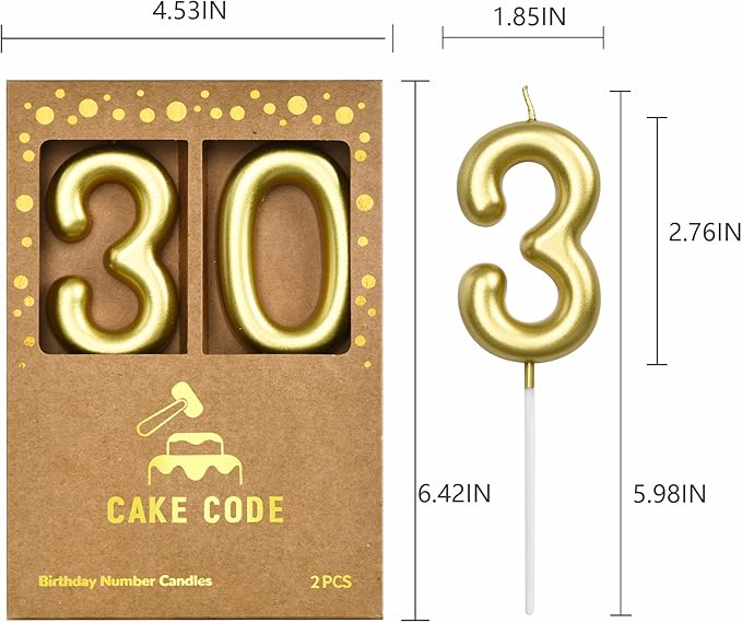 2.76 Inch Classical Gold 30 Number Birthday Candles, Gold and Cake Number Candles for Party Celebration