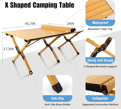 Rollingsurfer Folding Camping Table, Lightweight Roll-Up Table Aluminum Low Portable Picnic Table with Easy Carrying Bag for Outdoor, Beach, Picnic, Backyards, BBQ and Party, 45.2"L x 23.6"W x 17.3"H