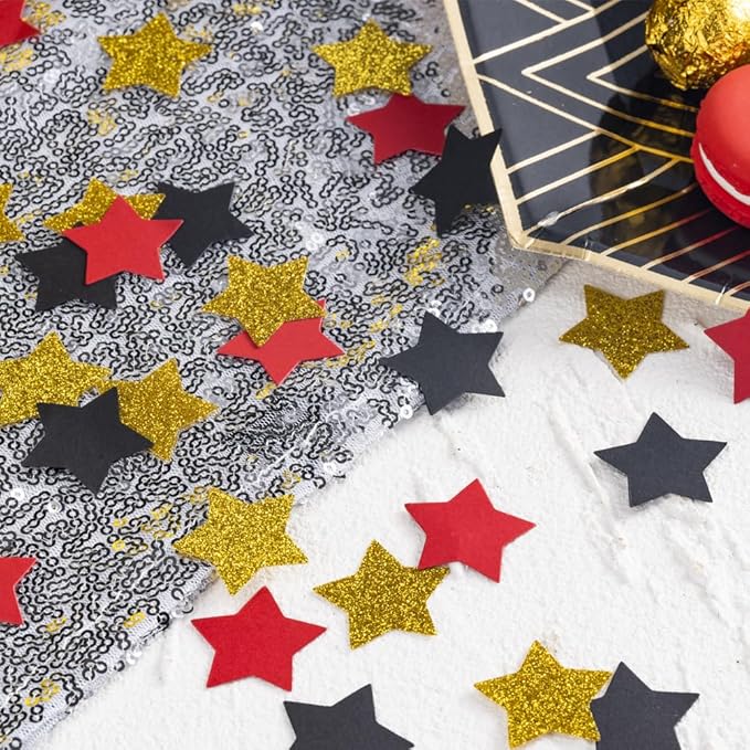 MOWO Gold Black and Red Star Confetti Table Decoration for Birthday Graduation Retirement Theme Party,1.2 inch in Diameter,200 Counts
