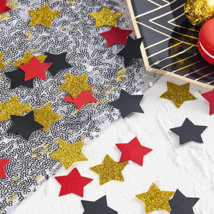 MOWO Gold Black and Red Star Confetti Table Decoration for Birthday Graduation Retirement Theme Party,1.2 inch in Diameter,200 Counts