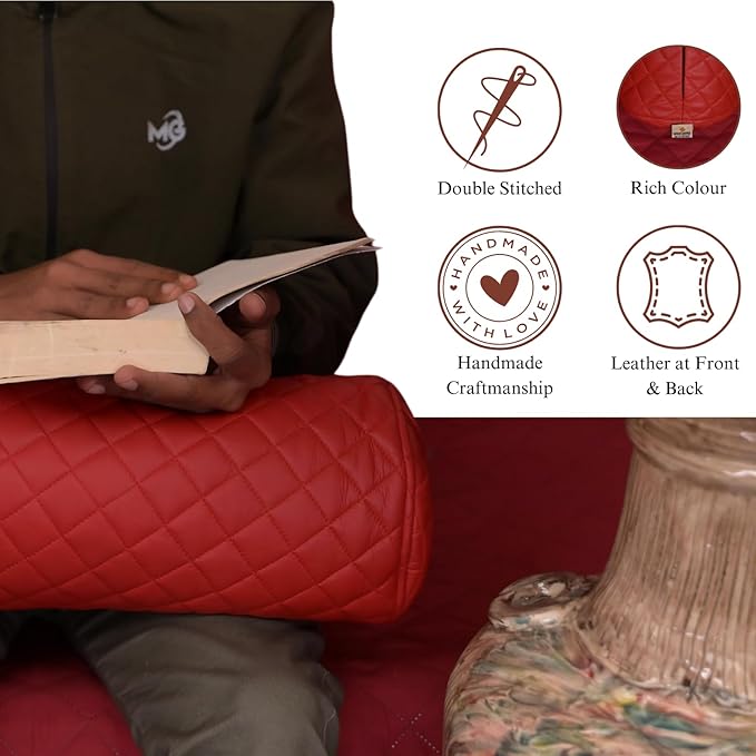 Neck Roll Pillow Cushion Cover, 16x7 Inch Full Moon Round Bolster Pillow Case, Cylinder Soft Lambskin Leather Pillowcase for Head, Spine & Neck Support During Sleep - Quilted Cherry Red Pack of 2