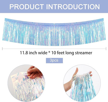 BEISHIDA 3 Packs 30 Feet Metallic Foil Fringe Garland Tinsel Streamers，Iridescent Blue Wall Hanging Tinsel Fringe Banners for Wedding Birthday Party Decoration Halloween Christmas New Year