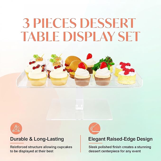 Jusalpha Set of 3 Acrylic Cupcake Stand, 3 Tiered Party Serving Tray, Clear Rectangular Dessert Display, Heavy Duty Construction (Rectangle-Bottom Disconnect)