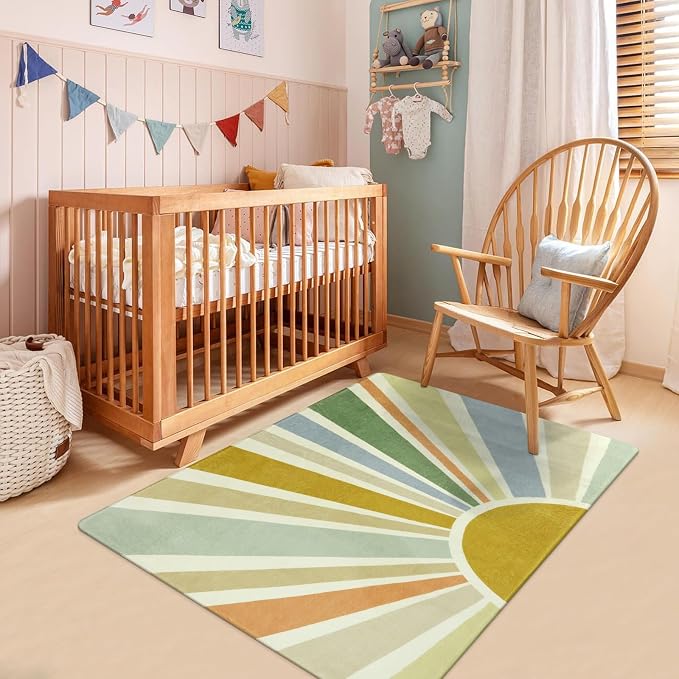 STARUIA Boho Washable Rug 3'x5' Kids Area Rug for Playroom, Colorful Kids Rug for Bedroom, Non-Slip Throw Sun Carpet Soft Small Sunshine Rugs for Office Nursery Entryway Dorm