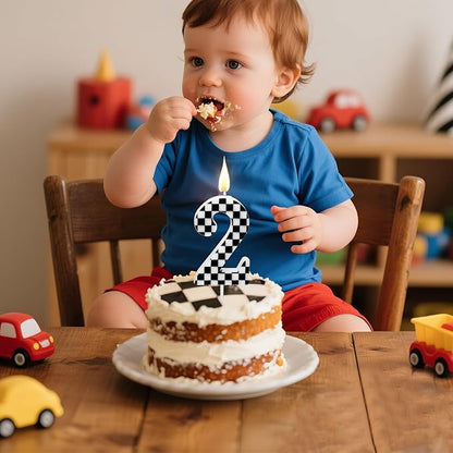 Racing Car Themed Birthday Candles, Number 2 Checkered Candles, Black & White Checkered Cake Topper, Cool Racing Themed Party Supplies, Special Candle