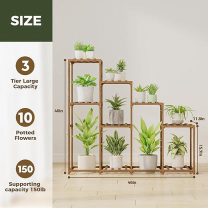 Bamworld Tall Plant Stand Indoor Wood Plant Shelf Outdoor Tiered Plant Rack for Multiple Plants 4 Tiers 10 Pots Ladder Plant Holder Plant Table for Plant Pots Boho Home Decor for Gardening Gifts