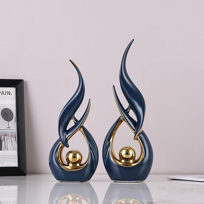 2 PCS Blue Gold Ceramic Statues For Home Decor Accents, Modern Abstract Art Sculptures, Elegant Tabletop Decorative Objects For Dining Room, Entryway, Tv Stand, Mantel, Coffee Table Centerpieces