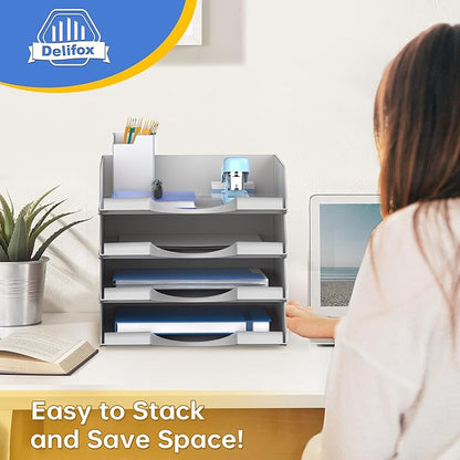 4 Pack Stackable Paper Trays for Letter Documents, Desktop File Organizers for Office Supplies, Stackable Desk Tray Holder for Paper Storage, Gray