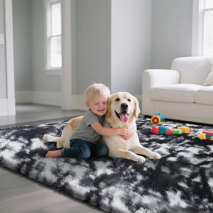 yongyangjuxin Fluffy Rug Shag Area Rug, Mottling Black 9x12 Area Rugs for Living Room, Large Shag Area Rugs for Bedroom Kids Room Home Decor, Upgrade Anti-Skid Rectangular Fuzzy Rugs