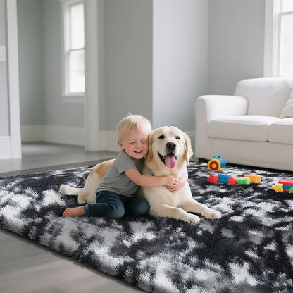 yongyangjuxin Fluffy Rug Shag Area Rug, Mottling Black 9x12 Area Rugs for Living Room, Large Shag Area Rugs for Bedroom Kids Room Home Decor, Upgrade Anti-Skid Rectangular Fuzzy Rugs