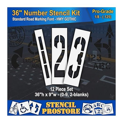 Pavement Stencils - 36 inch Number KIT Stencil Set - (12 Piece) - 36" x 9"x 1/8" (128 mil) - Pro-Grade