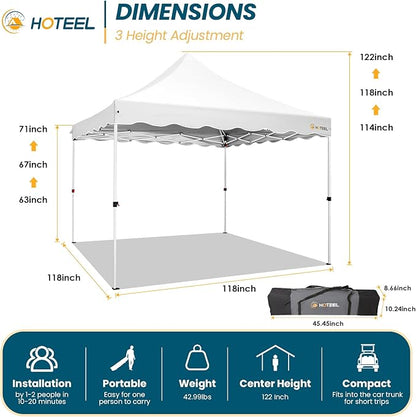 HOTEEL 10x10 Pop Up Canopy, Easy Setup Party Tent with Carry Bag, Weight Bag, Outdoor Portable Event Shelter for Backyard, Market, White