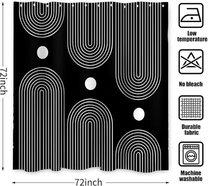 Black and White Shower Curtain, Boho Minimalist Mid Century Modern Arch Geometric Machine Washable Waterproof Fabric for Bathroom Bathtub Decor with Hooks 72x72