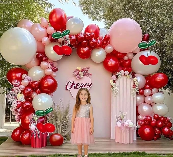 Red Pink Balloon Arch Double Stuffed Latex Pink White Pearl Balloons Red Green Long Balloon Garland for Cheery On Top Baby Shower Birthday Christmas Bridal Shower Garden Berry Party Decoration