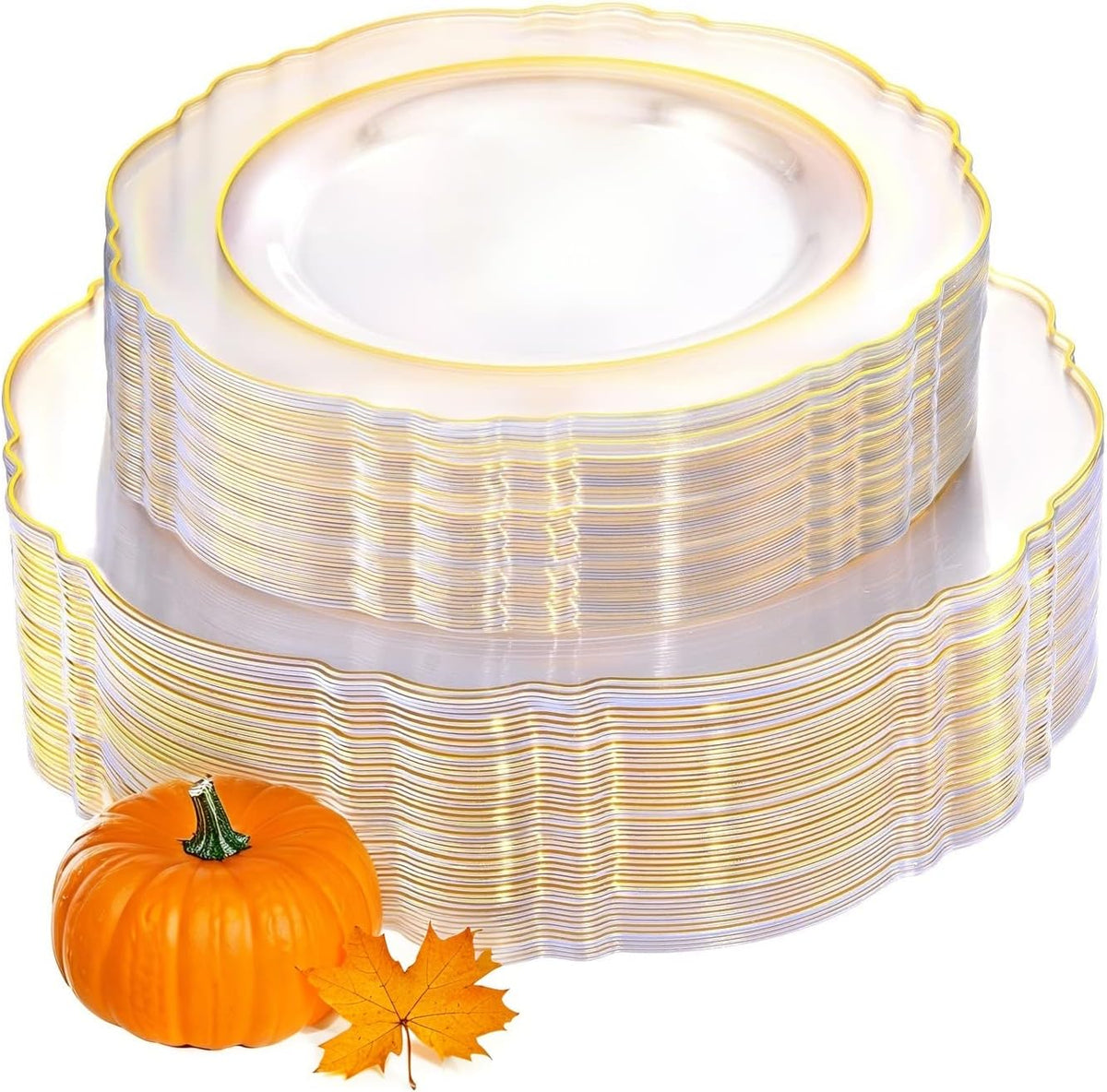 WDF 100pcs Clear Disposable Plastic Plates With Gold Trim - Baroque Clear Gold for Parties or Wedding or Thanksgiving - including 50PCS Dinner Plates 10.25inch and 50PCS Salad Plates 7.5inch
