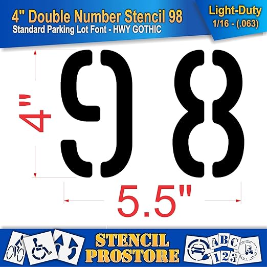 Pavement, Curb, and WheelStop Stencils - 4 inch Double Number Stencil - (98) - 4" x 5.5" x 1/16" (63 mil) - Light-Duty